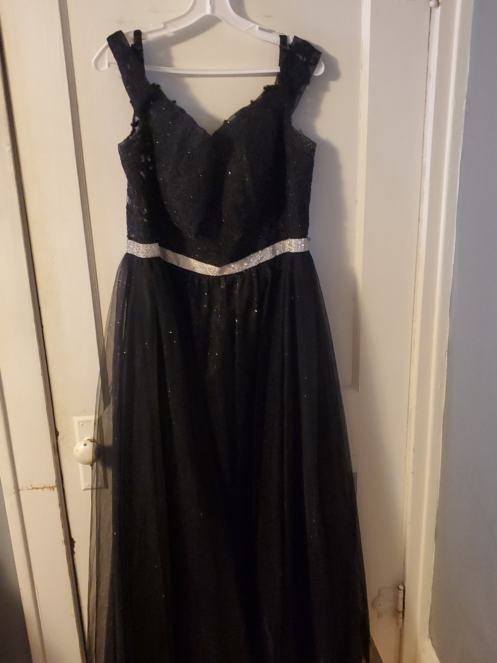 May Queen Black Glitter Tulle Formal Dress with Silver Belt